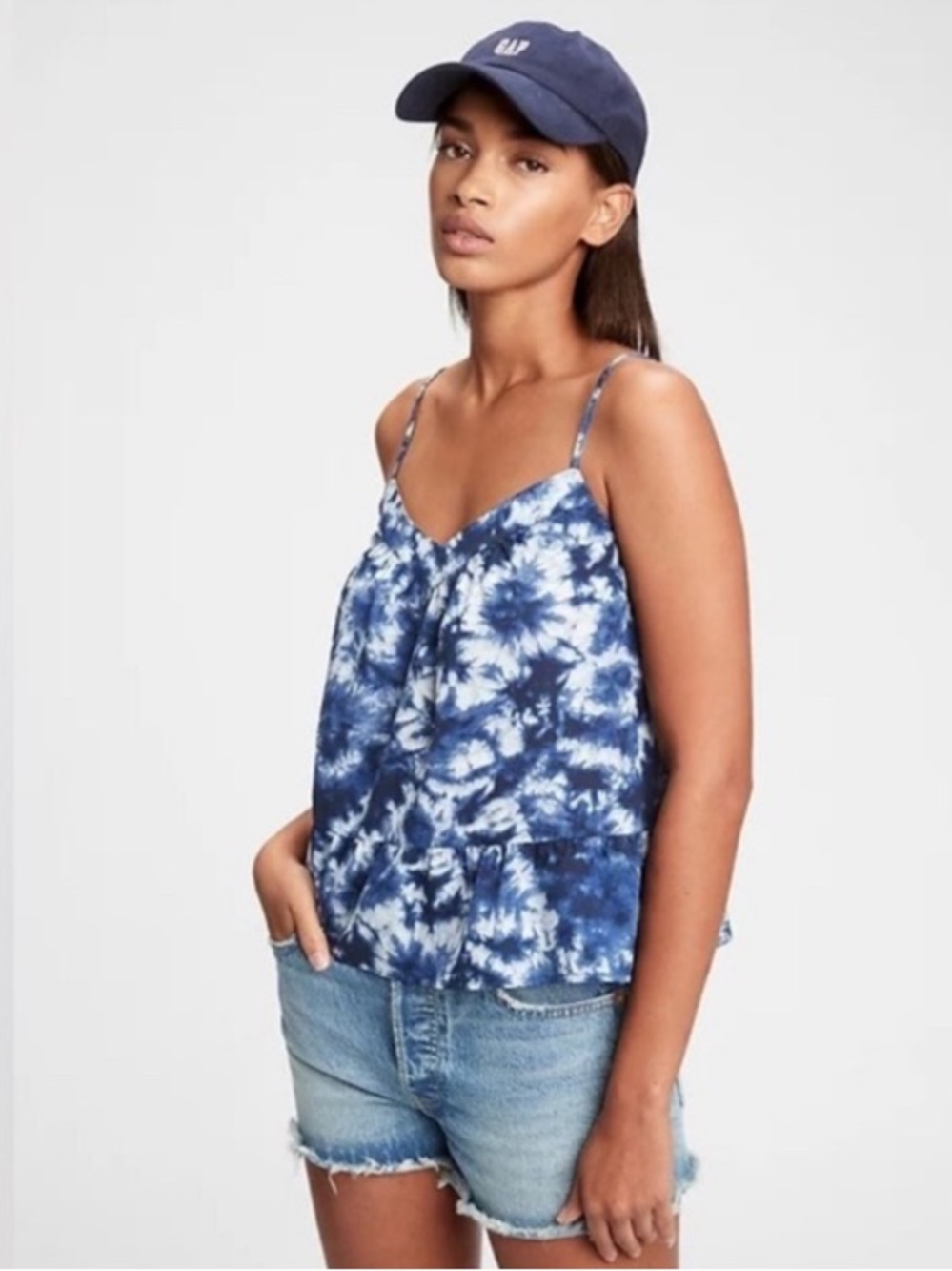 GAP boho festival blue tie dye cotton swing peplum cami top M